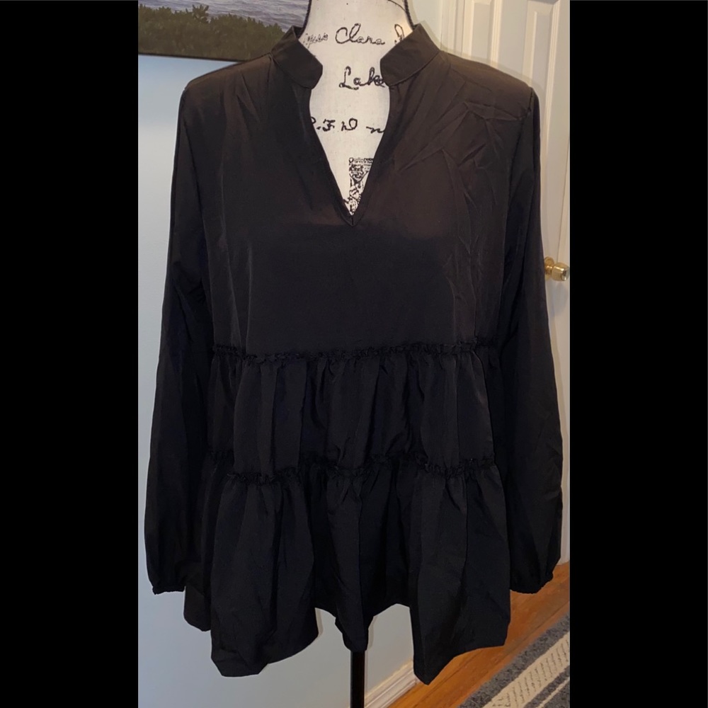 NOTCHED NECK FRILL RUFFLE HEM BLACK BLOUSE - Picture 6 of 8